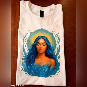 Custom Design! NWOT White T-Shirt with Blue Artistic Design